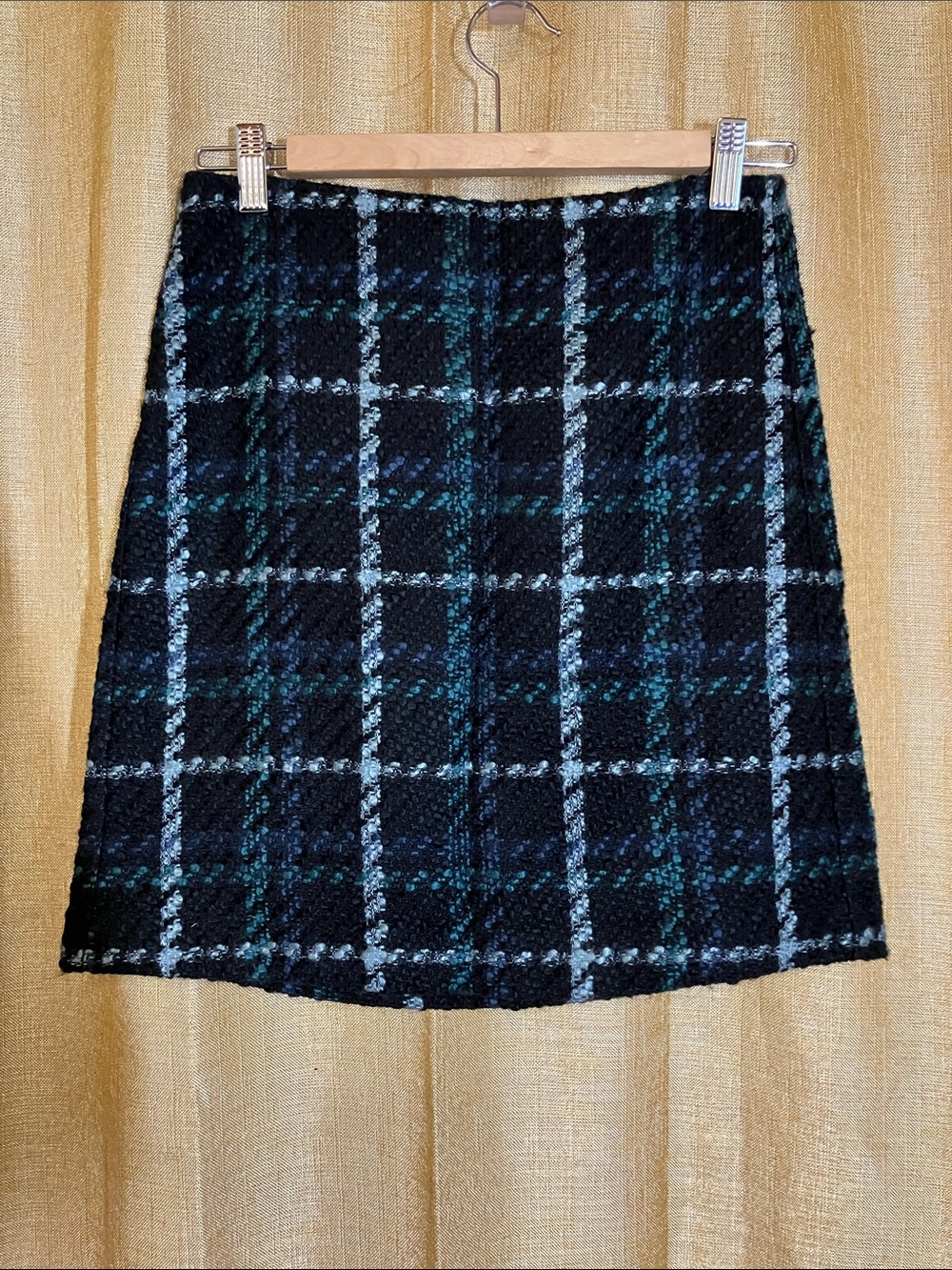 LOFT Black Plaid A-Line Tweed Skirt with Blue & Green Accents